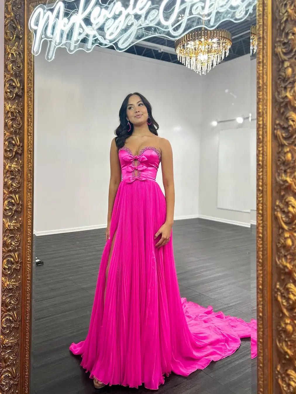 Fuchsia Pleated Chiffon Prom Dress with Slit, Beaded Sweetheart Neck & Bow – Style FD6063-prom dresses 2025 -Viniodress-Fuchsia-Custom Size-