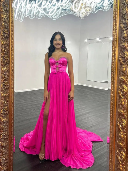 Fuchsia Pleated Chiffon Prom Dress with Slit, Beaded Sweetheart Neck & Bow – Style FD6063-prom dresses 2025 -Viniodress-Fuchsia-Custom Size-