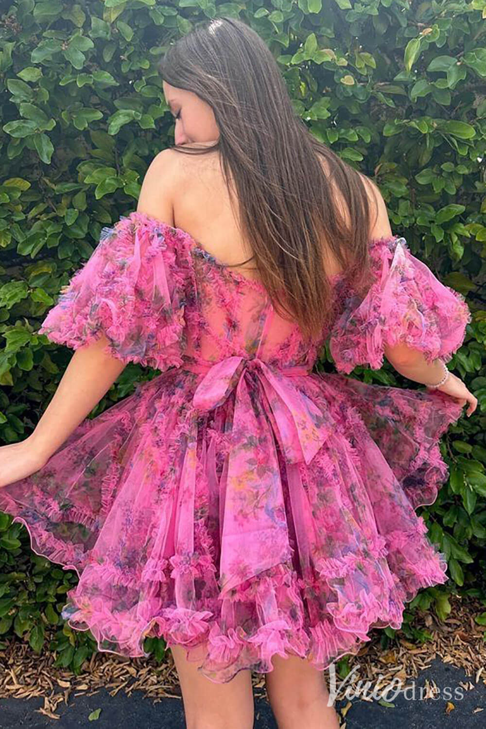 Fuchsia Printed Tulle Ruffled Homecoming Dresses Off the Shoulder Graduation Dress SD1665-Homecoming Dresses 2025 -Viniodress-Fuchsia-Custom Size-
