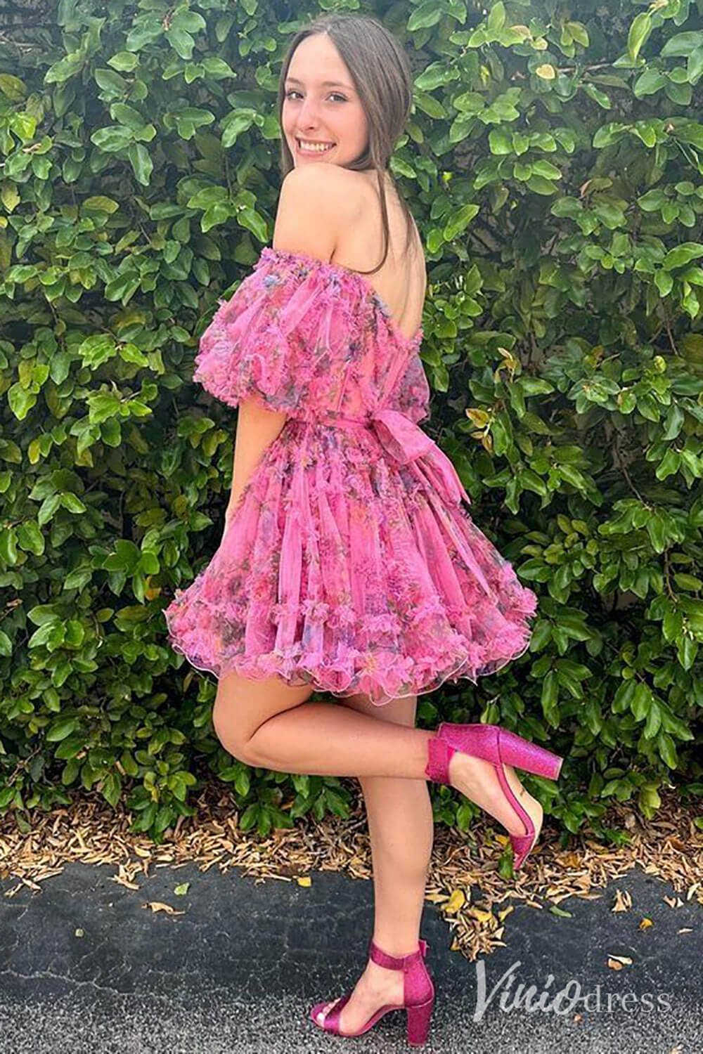 Fuchsia Printed Tulle Ruffled Homecoming Dresses Off the Shoulder Graduation Dress SD1665-Homecoming Dresses 2025 -Viniodress-Fuchsia-Custom Size-
