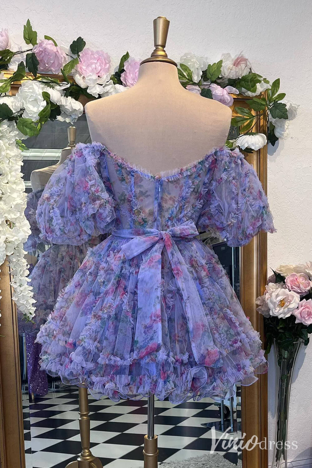 Fuchsia Printed Tulle Ruffled Homecoming Dresses Off the Shoulder Graduation Dress SD1665-Homecoming Dresses 2025 -Viniodress-Fuchsia-Custom Size-