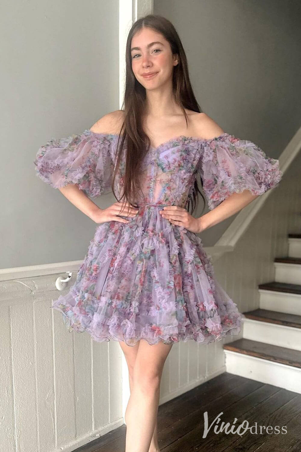 Fuchsia Printed Tulle Ruffled Homecoming Dresses Off the Shoulder Graduation Dress SD1665-Homecoming Dresses 2025 -Viniodress-Lilac-Custom Size-