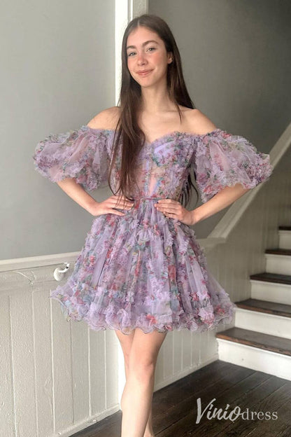Fuchsia Printed Tulle Ruffled Homecoming Dresses Off the Shoulder Graduation Dress SD1665-Homecoming Dresses 2025 -Viniodress-Lilac-Custom Size-