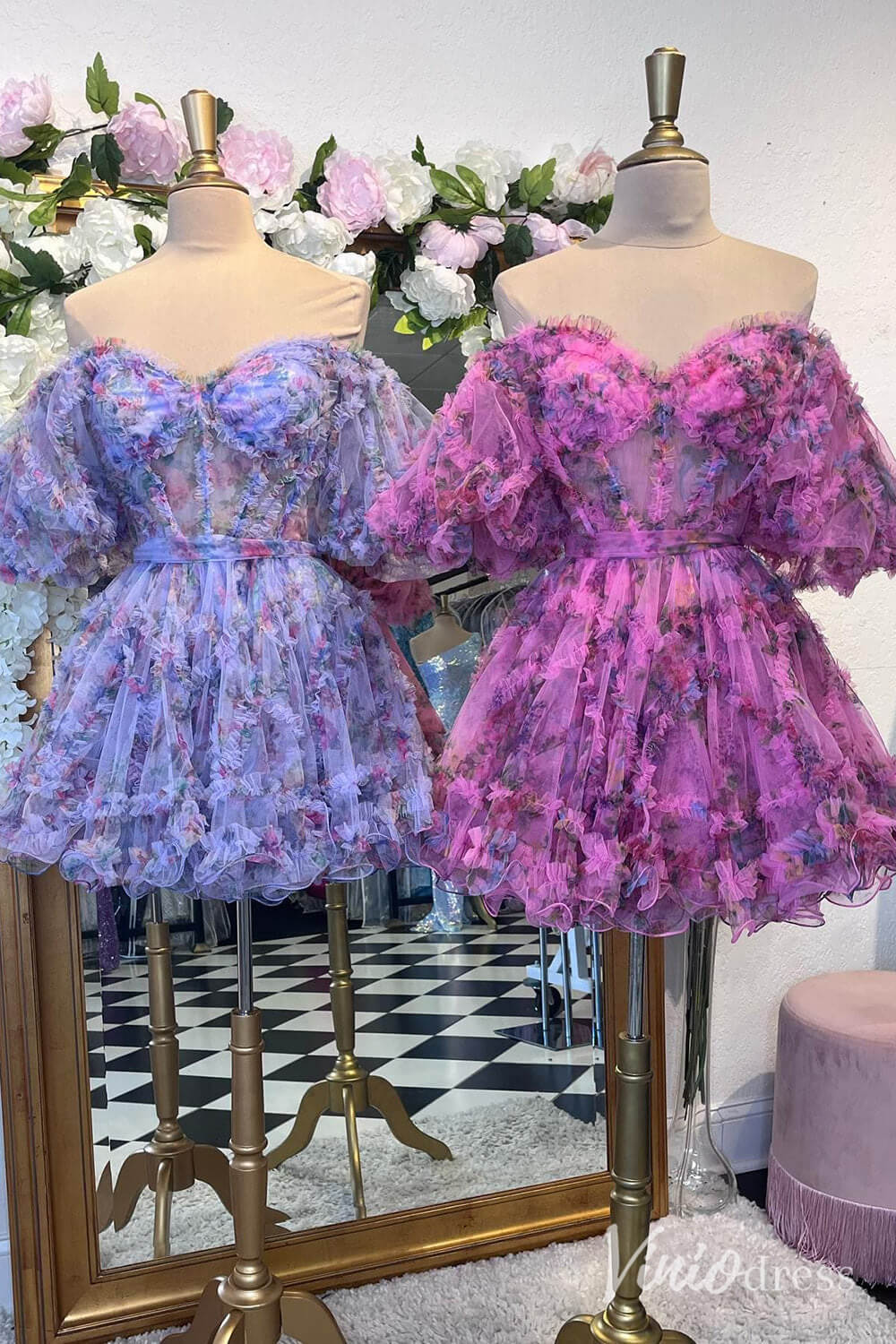 Fuchsia Printed Tulle Ruffled Homecoming Dresses Off the Shoulder Graduation Dress SD1665-Homecoming Dresses 2025 -Viniodress-Fuchsia-Custom Size-