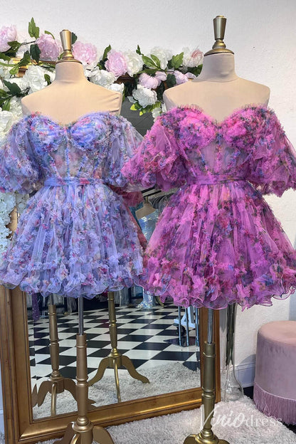 Fuchsia Printed Tulle Ruffled Homecoming Dresses Off the Shoulder Graduation Dress SD1665-Homecoming Dresses 2025 -Viniodress-Fuchsia-Custom Size-