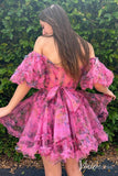 Fuchsia Printed Tulle Ruffled Homecoming Dresses Off the Shoulder Graduation Dress SD1665-Homecoming Dresses-Viniodress-Viniodress