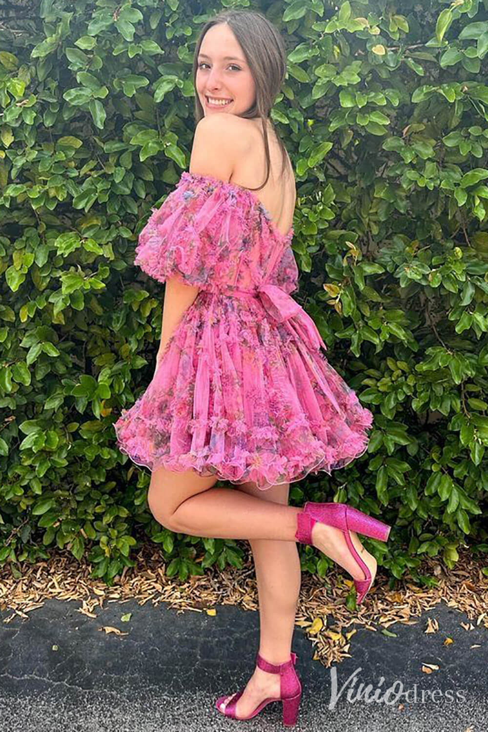 Fuchsia Printed Tulle Ruffled Homecoming Dresses Off the Shoulder Graduation Dress SD1665 - ViniodressHomecoming DressesFuchsiaCustom Size - Formal Dresses - Ball Gowns