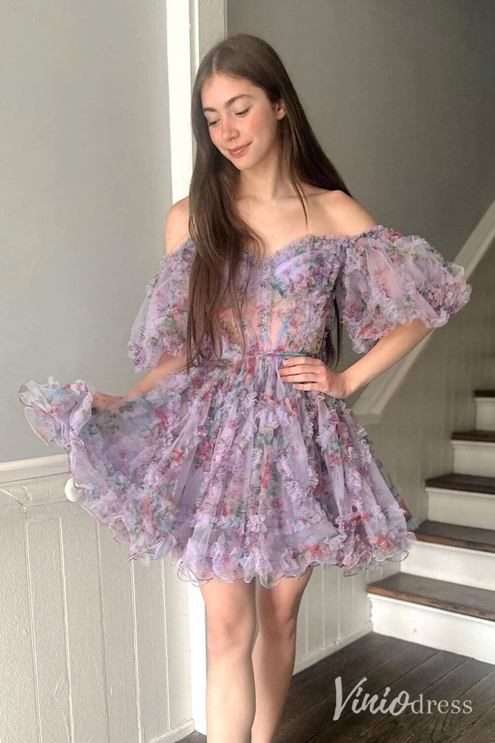 Fuchsia Printed Tulle Ruffled Homecoming Dresses Off the Shoulder Graduation Dress SD1665 - ViniodressHomecoming DressesLilacCustom Size - Formal Dresses - Ball Gowns