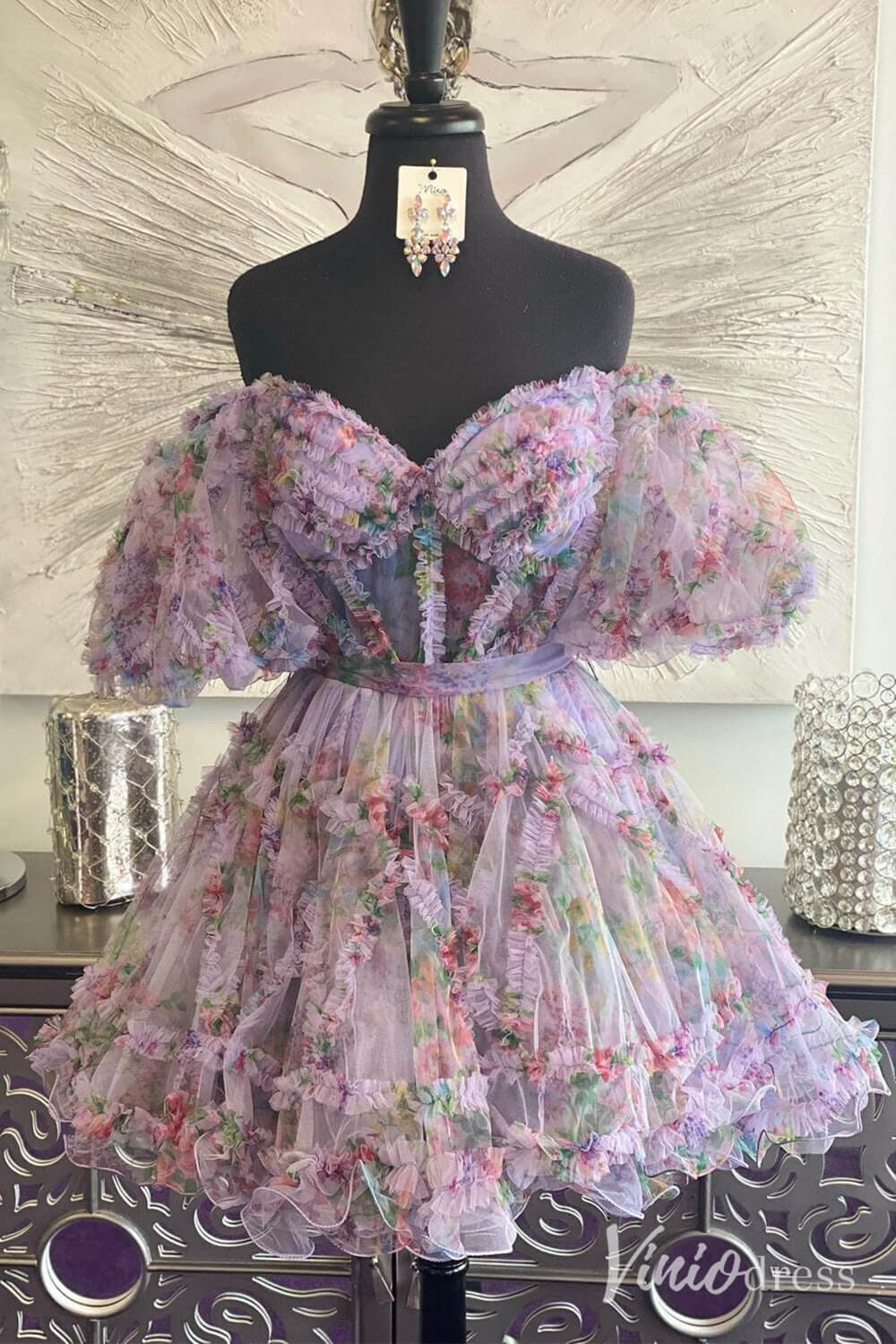 Fuchsia Printed Tulle Ruffled Homecoming Dresses Off the Shoulder Graduation Dress SD1665 - ViniodressHomecoming DressesLilacCustom Size - Formal Dresses - Ball Gowns