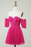 Fuchsia Puffed Sleeve Sweetheart Homecoming Dresses Lace Applique Back to School Dress S24077-Homecoming Dresses-Viniodress-Viniodress