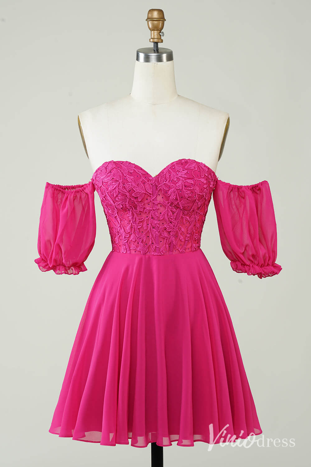 Fuchsia Puffed Sleeve Sweetheart Homecoming Dresses Lace Applique Back to School Dress S24077-Homecoming Dresses-Viniodress-Fuchsia-Custom Size-Viniodress