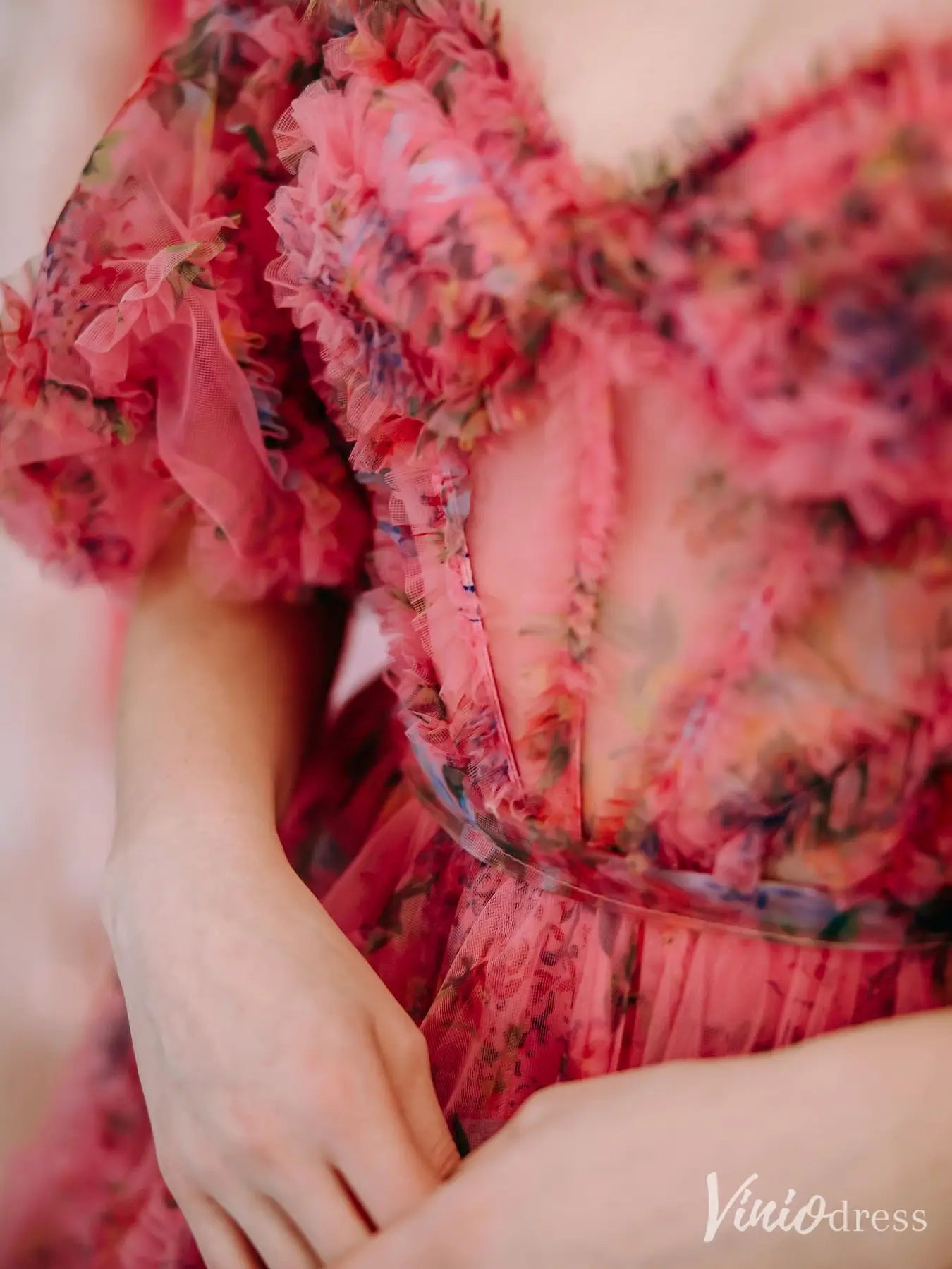 Fuchsia Red Floral Print Off-Shoulder Homecoming Dress with Sheer Corset Bodice and Puff Sleeves – H1142-prom dresses 2025 -Viniodress-As Picture-Custom Size-