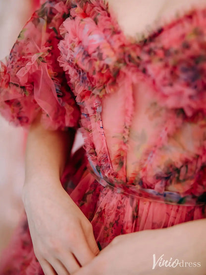 Fuchsia Red Floral Print Off-Shoulder Homecoming Dress with Sheer Corset Bodice and Puff Sleeves – H1142-prom dresses 2025 -Viniodress-As Picture-Custom Size-