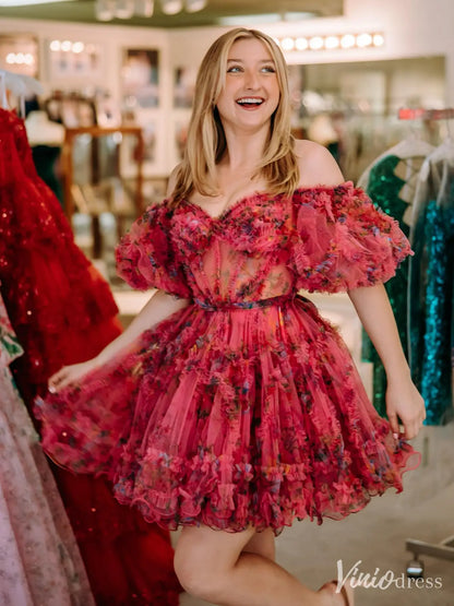 Fuchsia Red Floral Print Off-Shoulder Homecoming Dress with Sheer Corset Bodice and Puff Sleeves – H1142-prom dresses 2025 -Viniodress-As Picture-Custom Size-