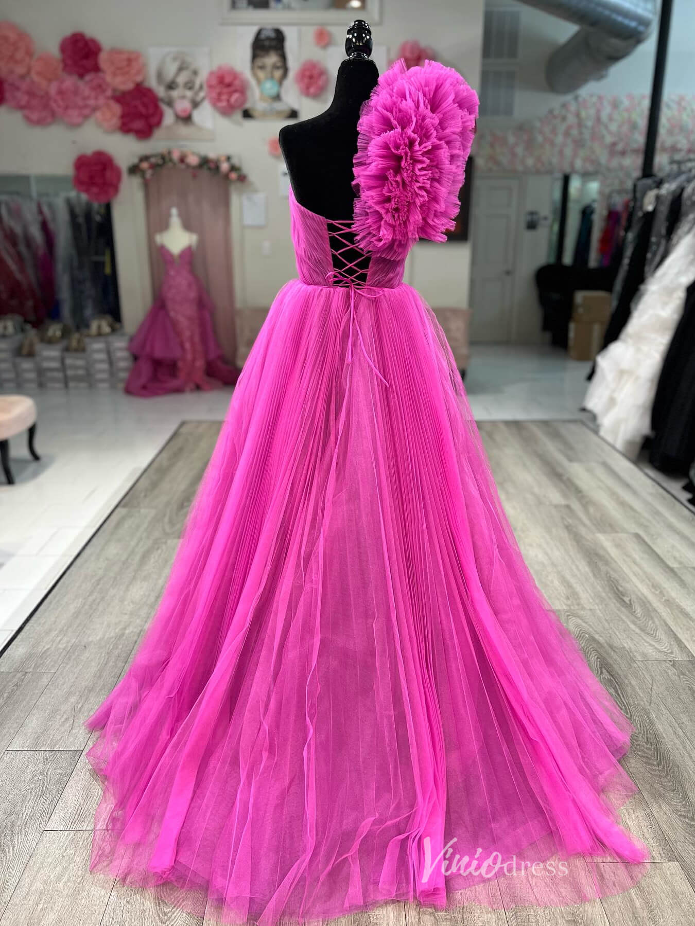 Fuchsia Ruffle One Shoulder Prom Dresses Pleated Tulle Evening Gown FD4030-prom dresses 2025 -Viniodress-Fuchsia-Custom Size-