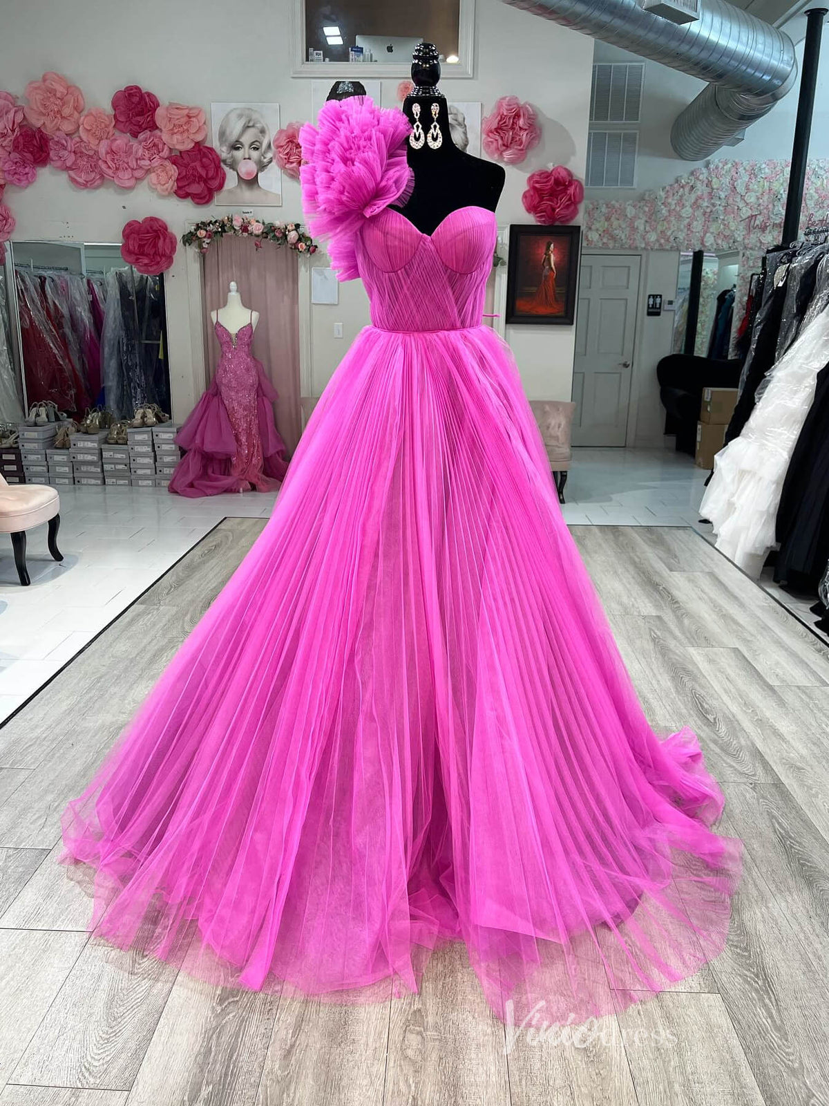 Fuchsia Ruffle One Shoulder Prom Dresses Pleated Tulle Evening Gown FD4030-prom dresses-Viniodress-Fuchsia-Custom Size-Viniodress