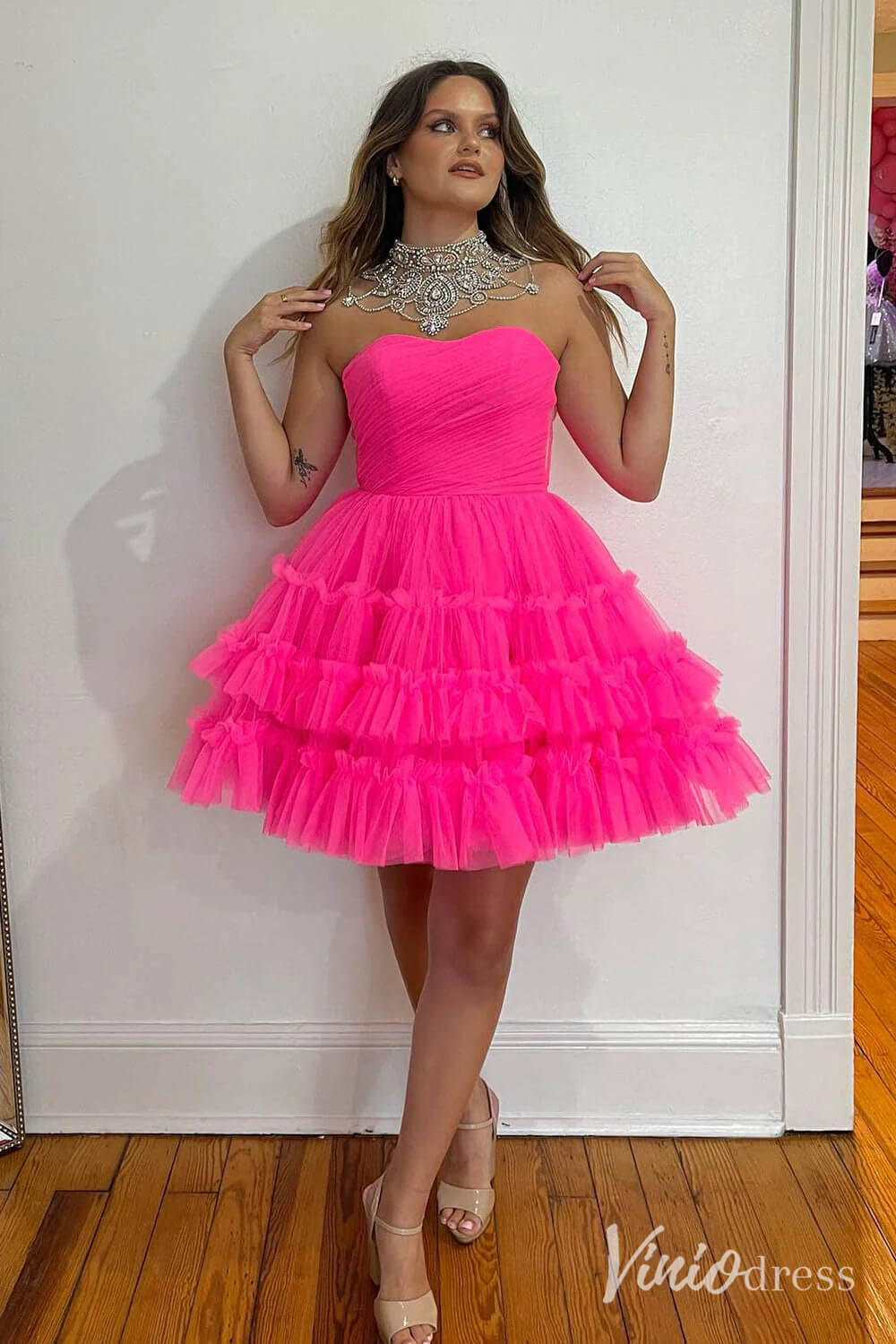 Fuchsia Ruffle Tiered Sweetheart Homecoming Dresses Strapless Graduation Dress SD1648-Homecoming Dresses 2025 -Viniodress-Fuchsia-Custom Size-