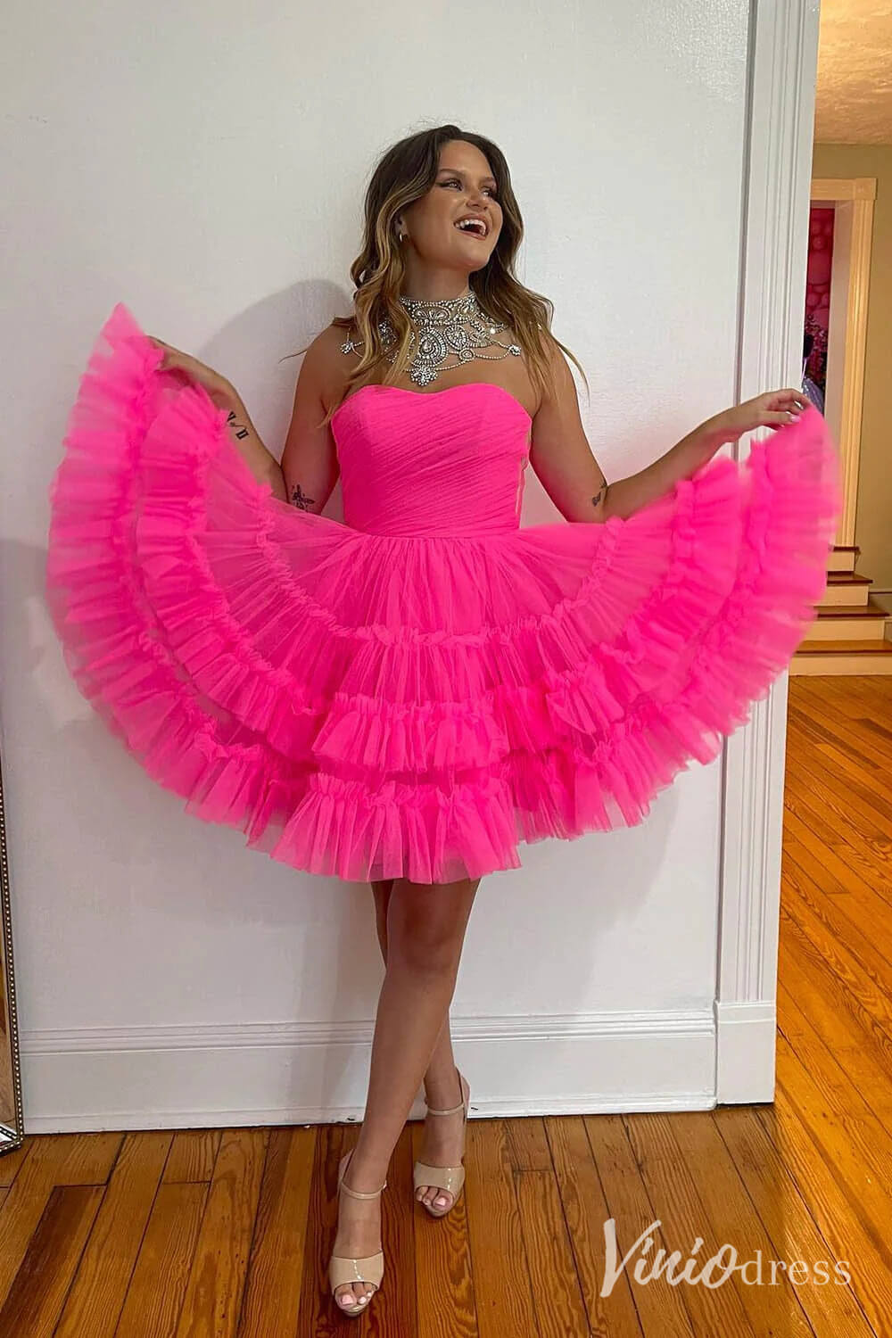 Fuchsia Ruffle Tiered Sweetheart Homecoming Dresses Strapless Graduation Dress SD1648-Homecoming Dresses 2025 -Viniodress-Fuchsia-Custom Size-