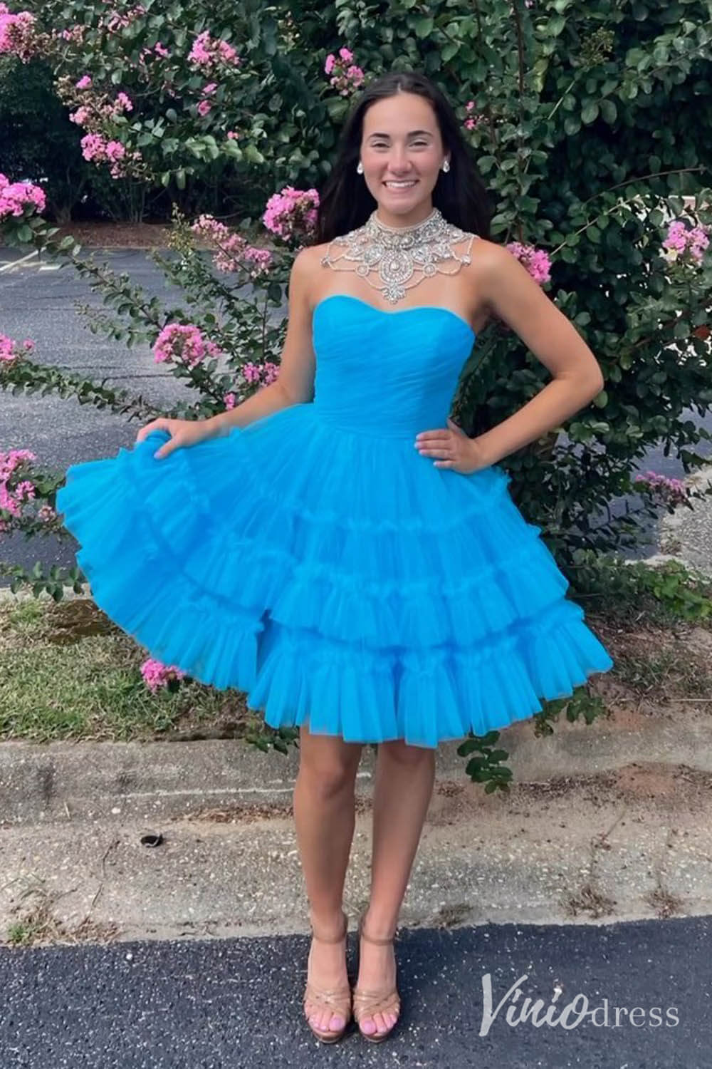 Fuchsia Ruffle Tiered Sweetheart Homecoming Dresses Strapless Graduation Dress SD1648-Homecoming Dresses 2025 -Viniodress-Blue-Custom Size-