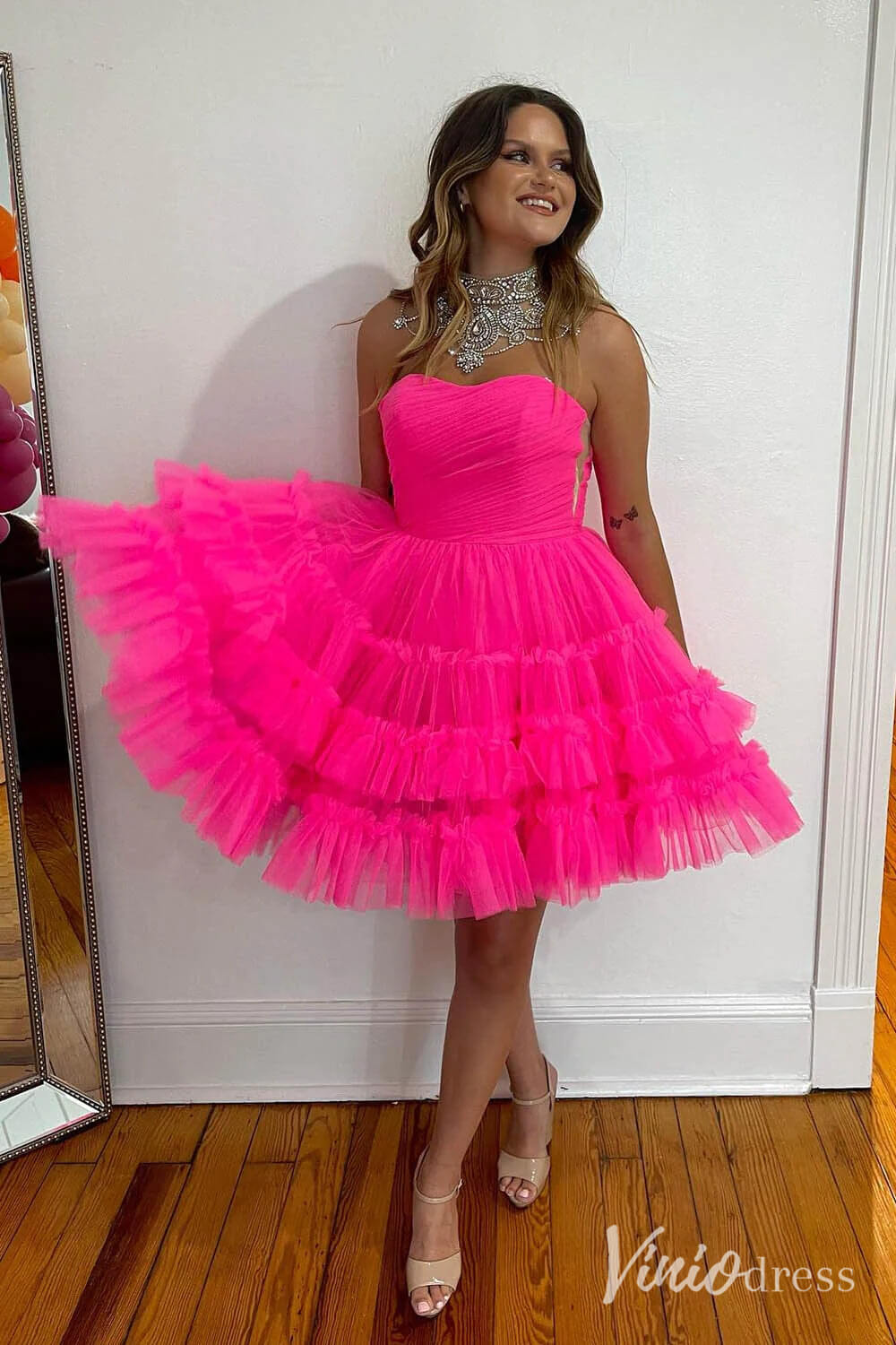 Fuchsia Ruffle Tiered Sweetheart Homecoming Dresses Strapless Graduation Dress SD1648-Homecoming Dresses 2025 -Viniodress-Fuchsia-Custom Size-