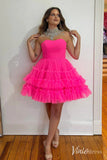 Fuchsia Ruffle Tiered Sweetheart Homecoming Dresses Strapless Graduation Dress SD1648-Homecoming Dresses-Viniodress-Viniodress