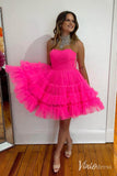 Fuchsia Ruffle Tiered Sweetheart Homecoming Dresses Strapless Graduation Dress SD1648-Homecoming Dresses-Viniodress-Viniodress