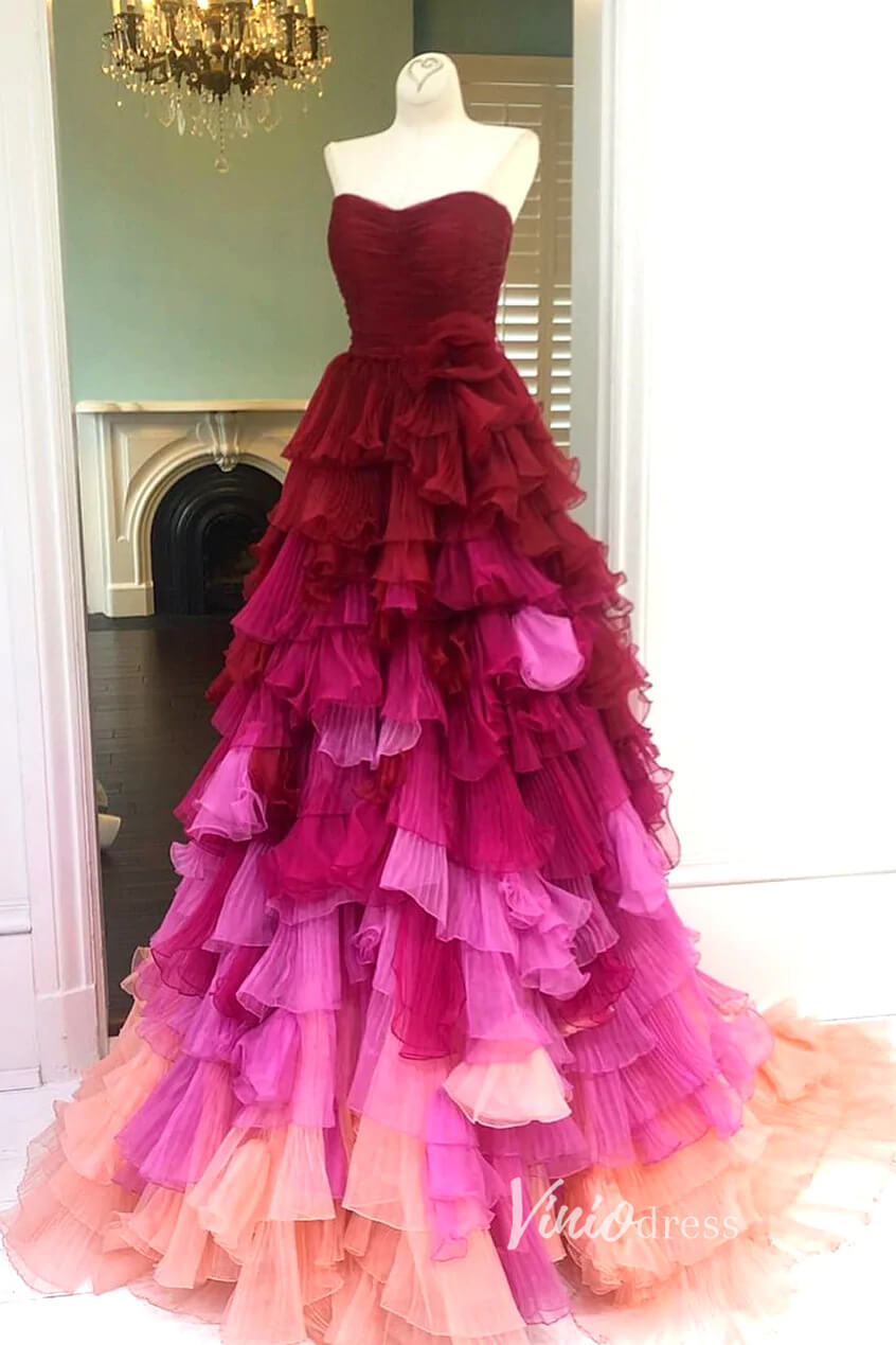 Fuchsia Ruffled Prom Dresses Strapless Formal Gown FD3266-prom dresses-Viniodress-Fuchsia-Custom Size-Viniodress