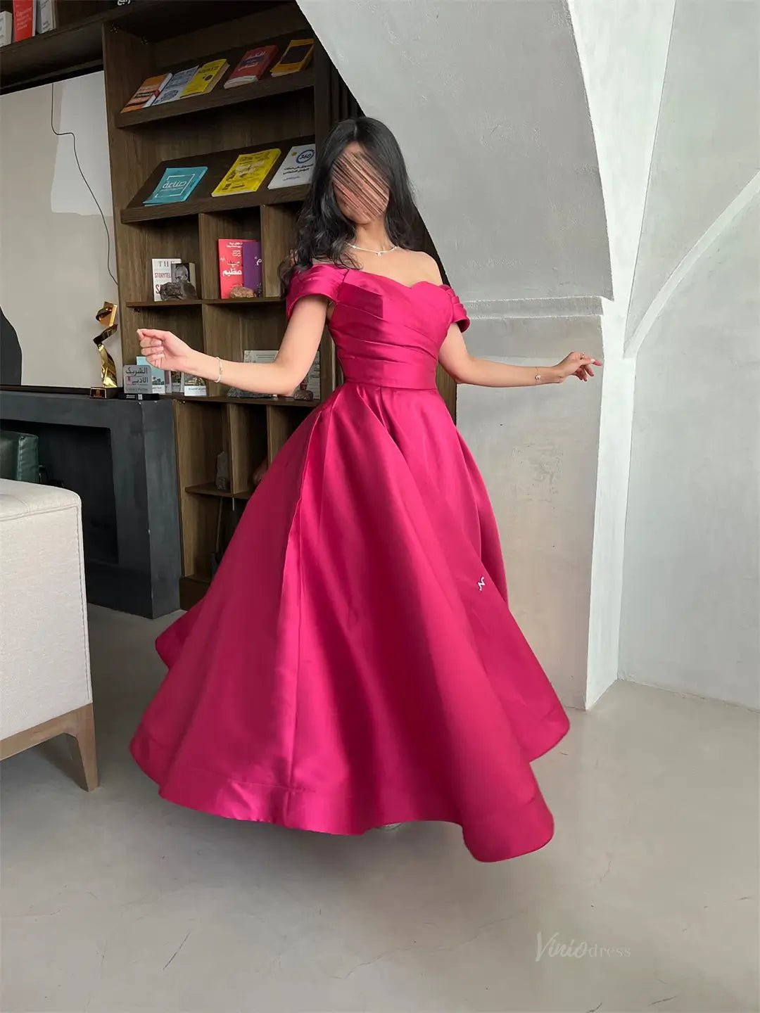 Fuchsia Satin A-Line Prom Dresses 2025 Off the Shoulder Formal Dresses – FD5209-prom dresses 2025 -Viniodress-Fuchsia-Custom Size-