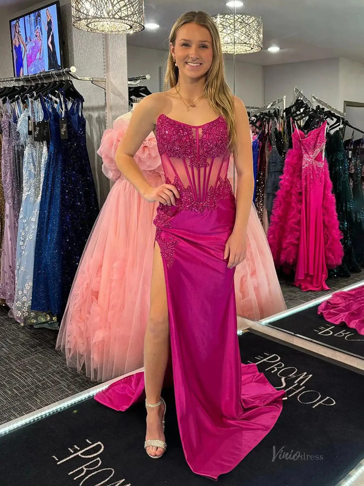 Fuchsia Satin Lace Mermaid Prom Dresses 2025 with Slit & Sheer Boned Bodice – FD5049B-prom dresses 2025 -Viniodress-Fuchsia-Custom Size-