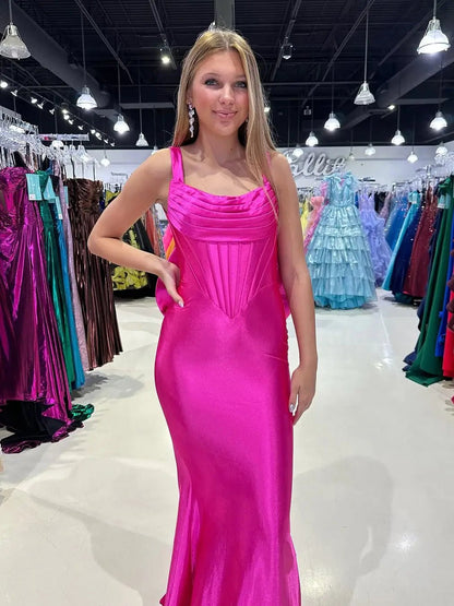 Fuchsia Satin Mermaid Prom Dress with Cowl Neck, Bow-Tie & Basque Waistline – Style FD6073-prom dresses 2025 -Viniodress-Fuchsia-Custom Size-