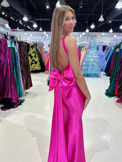 Fuchsia Satin Mermaid Prom Dress with Cowl Neck, Bow-Tie & Basque Waistline – Style FD6073-prom dresses 2025 -Viniodress-Fuchsia-Custom Size-