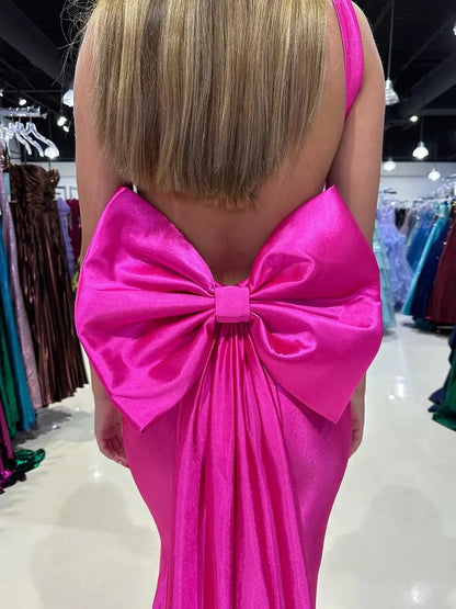 Fuchsia Satin Mermaid Prom Dress with Cowl Neck, Bow-Tie & Basque Waistline – Style FD6073-prom dresses 2025 -Viniodress-Fuchsia-Custom Size-