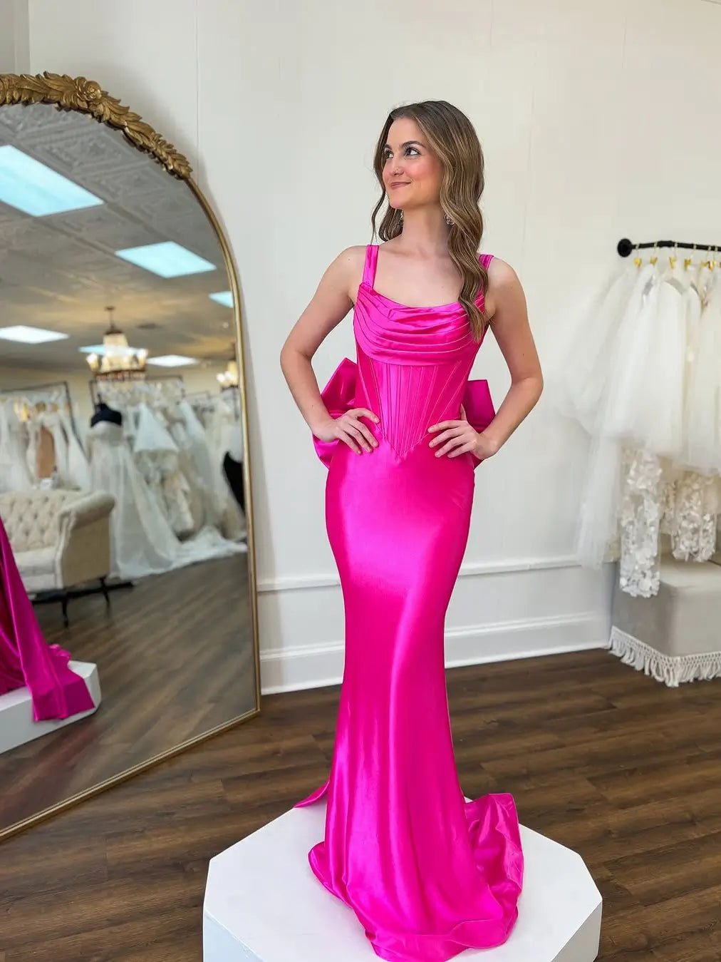 Fuchsia Satin Mermaid Prom Dress with Cowl Neck, Bow-Tie & Basque Waistline – Style FD6073-prom dresses 2025 -Viniodress-Fuchsia-Custom Size-