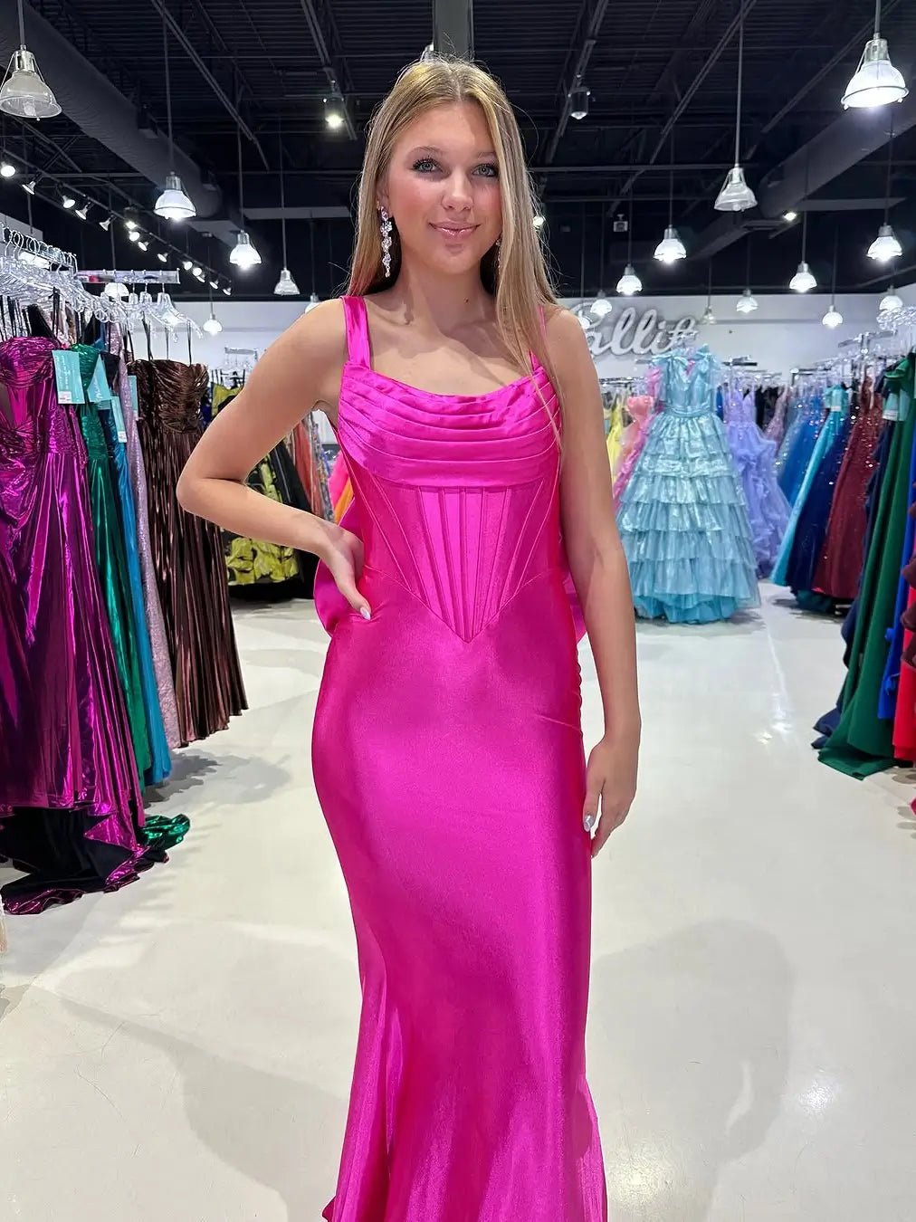 Fuchsia Satin Mermaid Prom Dress with Cowl Neck, Bow-Tie & Basque Waistline – Style FD6073-prom dresses 2025 -Viniodress-Fuchsia-Custom Size-
