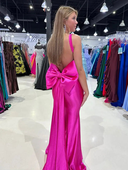 Fuchsia Satin Mermaid Prom Dress with Cowl Neck, Bow-Tie & Basque Waistline – Style FD6073-prom dresses 2025 -Viniodress-Fuchsia-Custom Size-