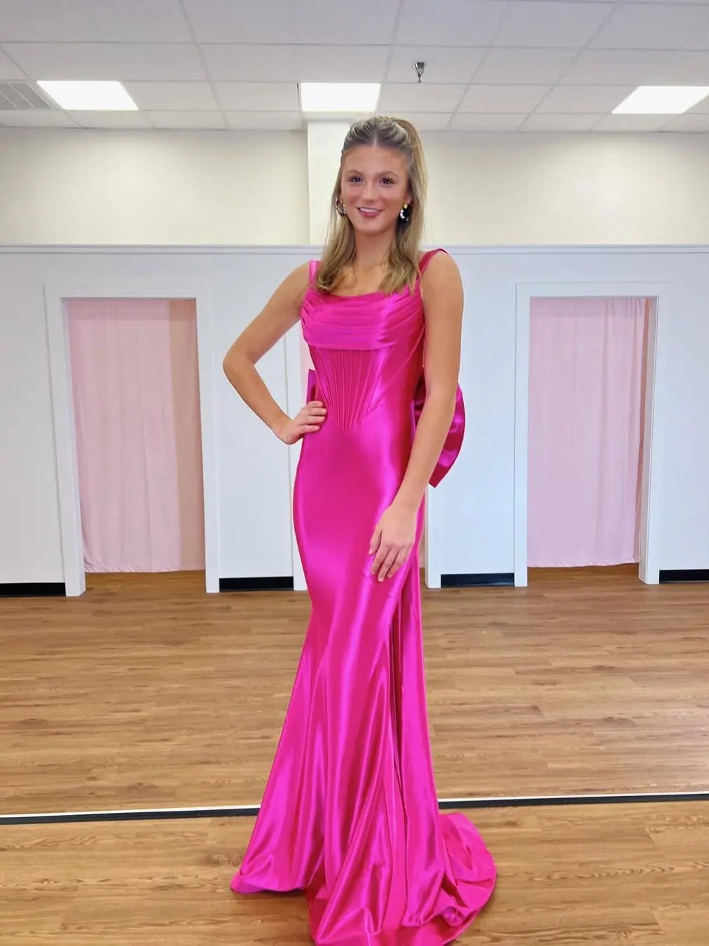 Fuchsia Satin Mermaid Prom Dress with Cowl Neck, Bow-Tie & Basque Wais Viniodress Fuchsia Satin Mermaid Prom Dress with Cowl Neck, Bow-Tie & Basque Wais Viniodress