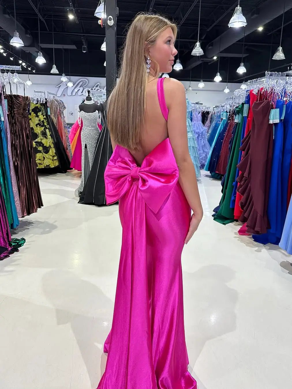 Fuchsia Satin Mermaid Prom Dress with Cowl Neck, Bow-Tie & Basque Wais Viniodress Fuchsia Satin Mermaid Prom Dress with Cowl Neck, Bow-Tie & Basque Wais Viniodress