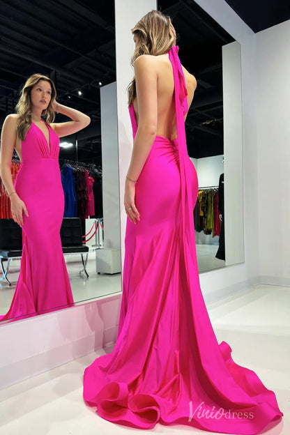 Fuchsia Satin Mermaid Prom Dress with Halter Neck, Plunging Ruched Bodice, Open Back – SS007-prom dresses 2025 -Viniodress-Fuchsia-Custom Size-