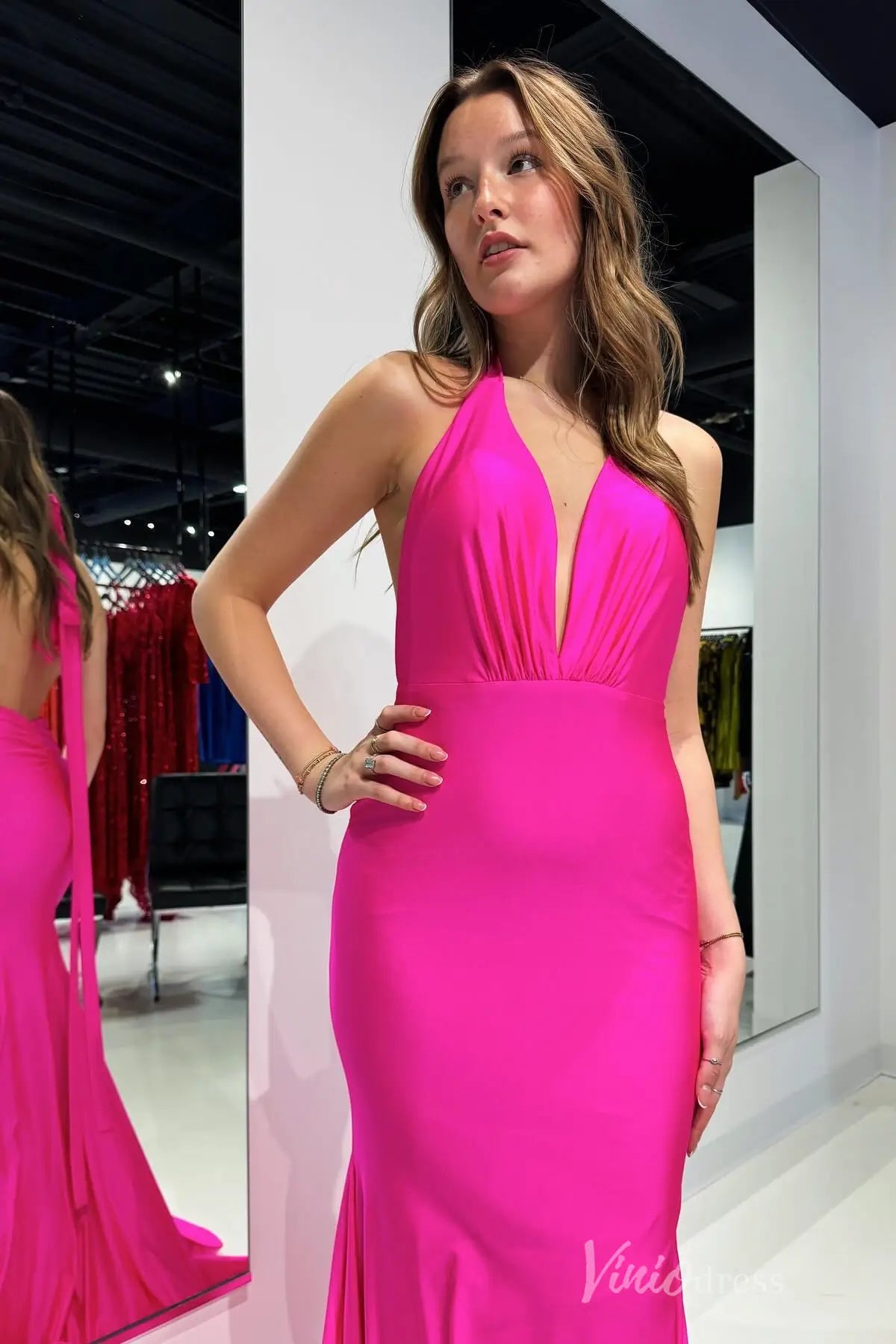 Fuchsia Satin Mermaid Prom Dress with Halter Neck, Plunging Ruched Bodice, Open Back – SS007-prom dresses 2025 -Viniodress-Fuchsia-Custom Size-