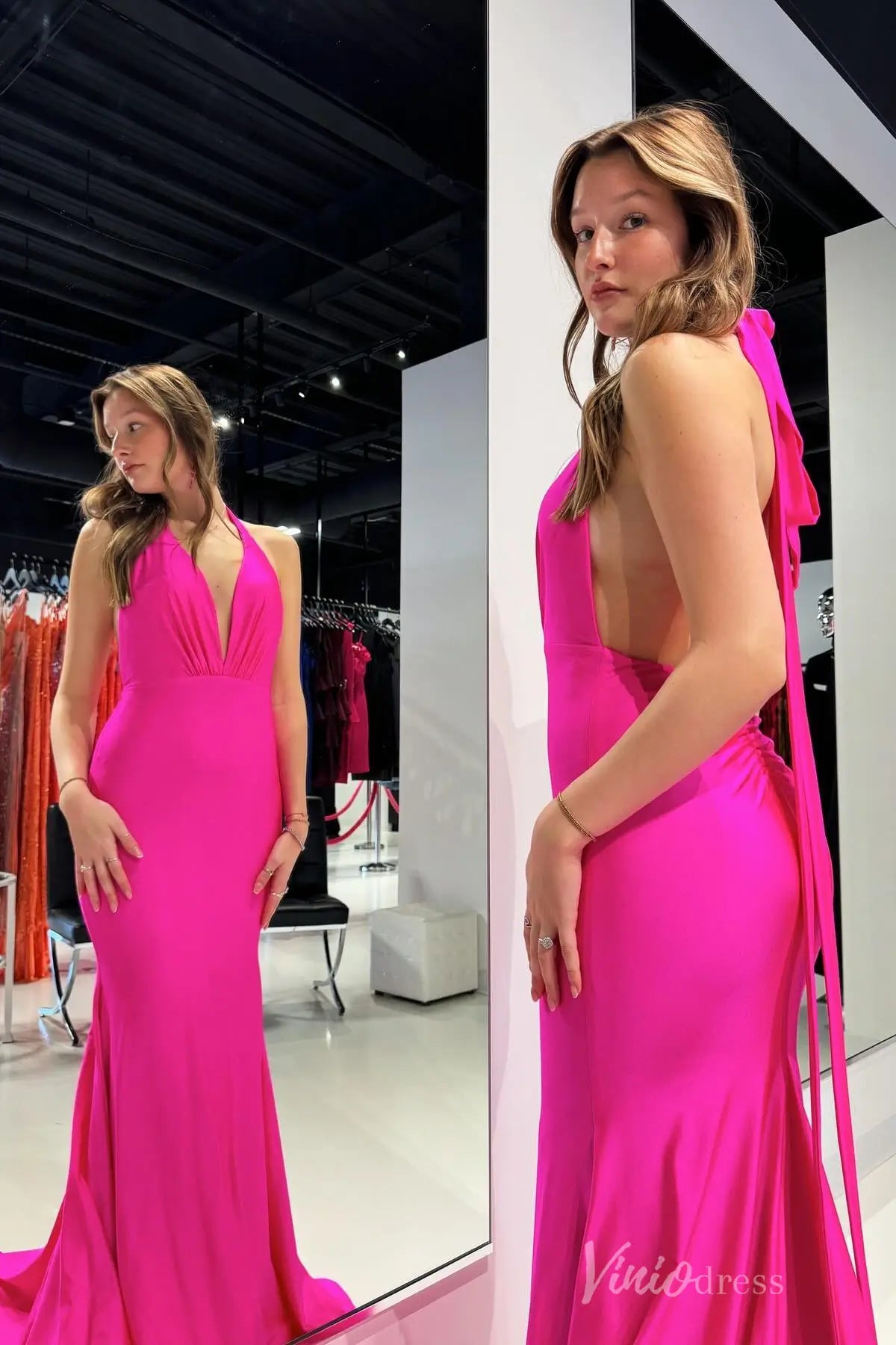 Fuchsia Satin Mermaid Prom Dress with Halter Neck, Plunging Ruched Bodice, Open Back – SS007-prom dresses 2025 -Viniodress-Fuchsia-Custom Size-