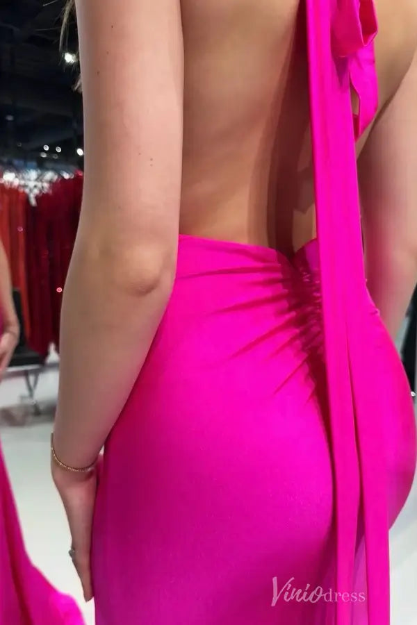 Fuchsia Satin Mermaid Prom Dress with Halter Neck, Plunging Ruched Bodice, Open Back – SS007-prom dresses 2025 -Viniodress-Fuchsia-Custom Size-
