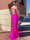 Fuchsia Satin Mermaid Prom Dresses Beaded Spaghetti Strap Corset Back FD2682-prom dresses-Viniodress-Viniodress