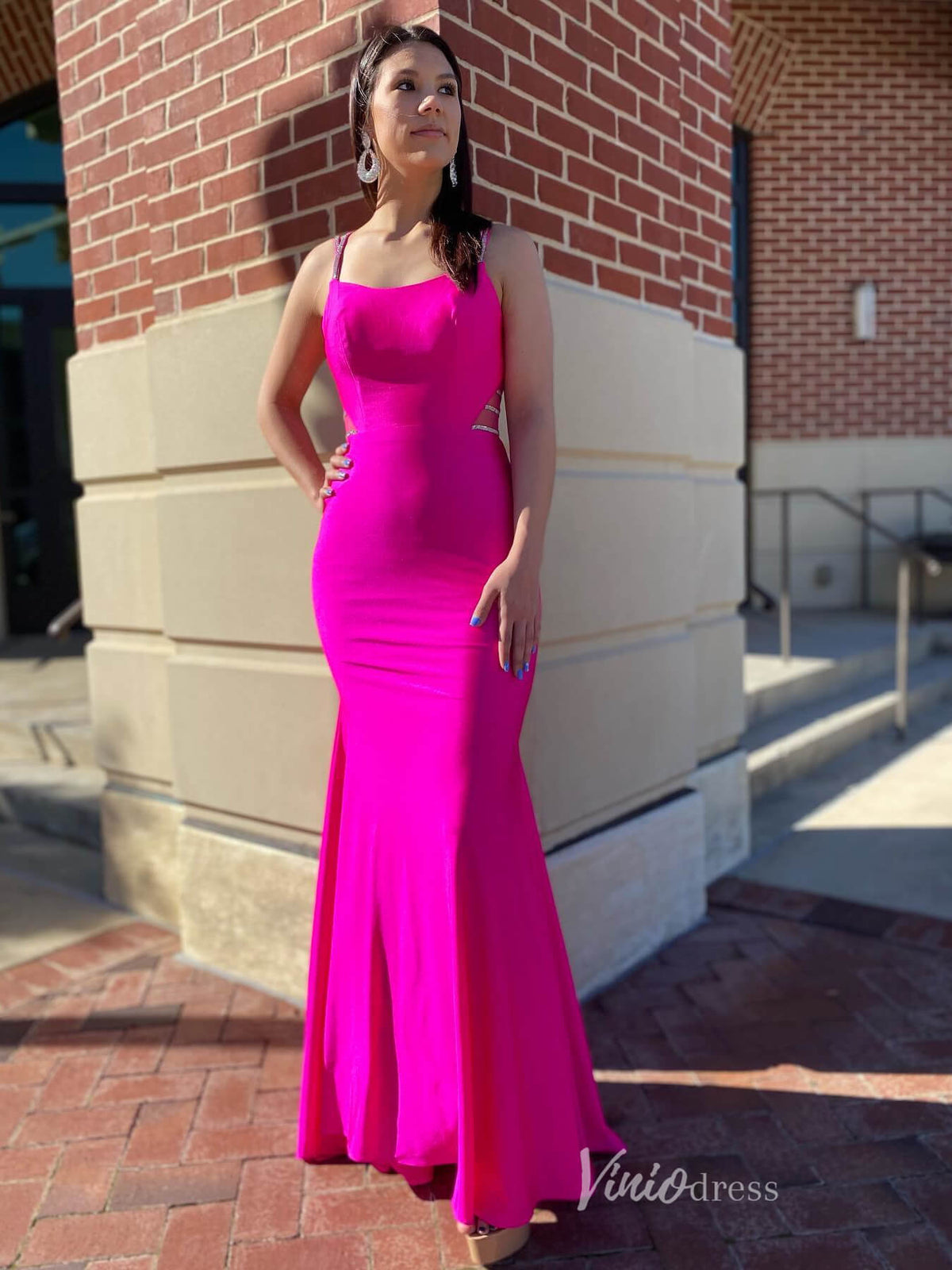 Fuchsia Satin Mermaid Prom Dresses Beaded Spaghetti Strap Corset Back FD2682-prom dresses-Viniodress-Fuchsia-Custom Size-Viniodress