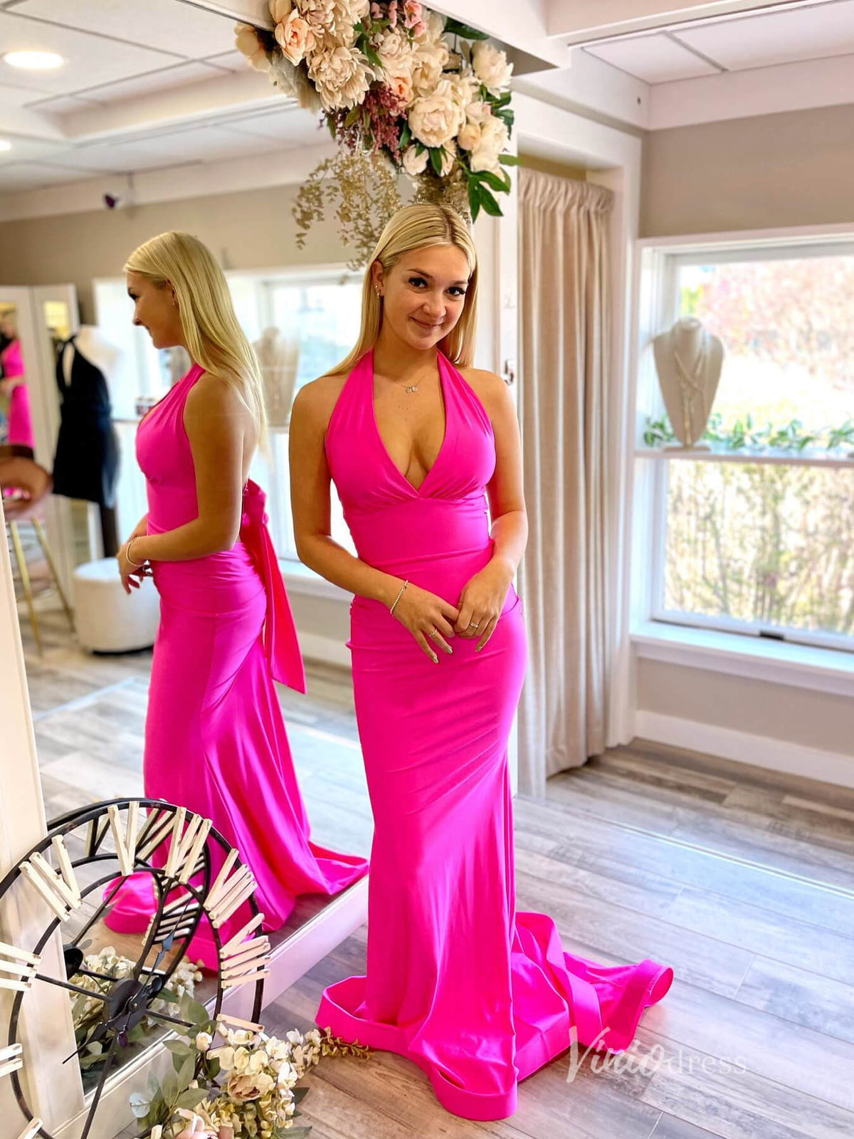 Fuchsia Satin Mermaid Prom Dresses Halter Neck Evening Dress FD3650-prom dresses-Viniodress-Fuchsia-Custom Size-Viniodress