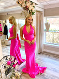 Fuchsia Satin Mermaid Prom Dresses Halter Neck Evening Dress FD3650