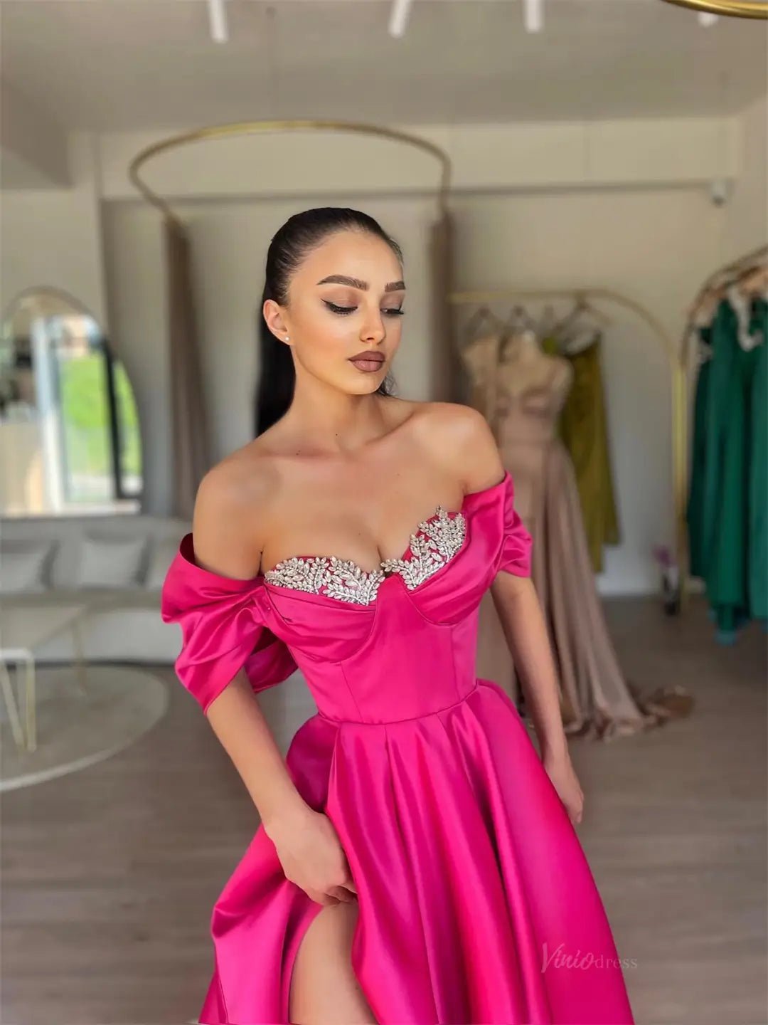 Fuchsia Satin Off the Shoulder Prom Dresses 2025 with Beaded Neckline & Slit – FD5225-prom dresses 2025 -Viniodress-Fuchsia-Custom Size-