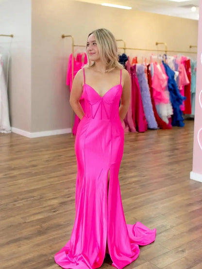 Fuchsia Satin Prom Dress with Slit, Spaghetti Strap & Sweetheart Neckline – Style FD6072-prom dresses 2025 -Viniodress-Fuchsia-Custom Size-