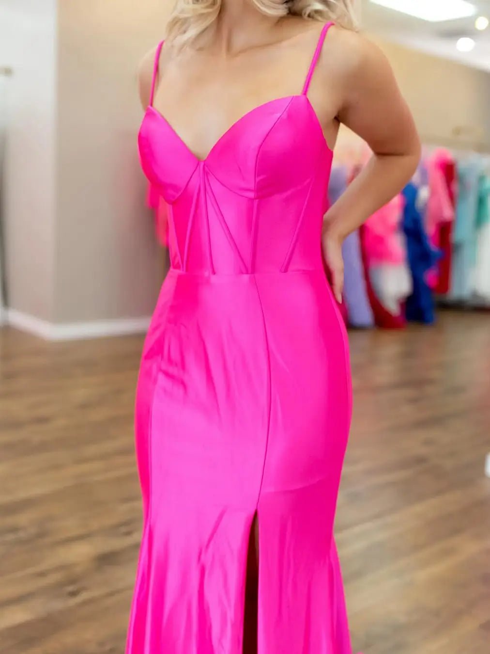 Fuchsia Satin Prom Dress with Slit, Spaghetti Strap & Sweetheart Neckline – Style FD6072-prom dresses 2025 -Viniodress-Fuchsia-Custom Size-