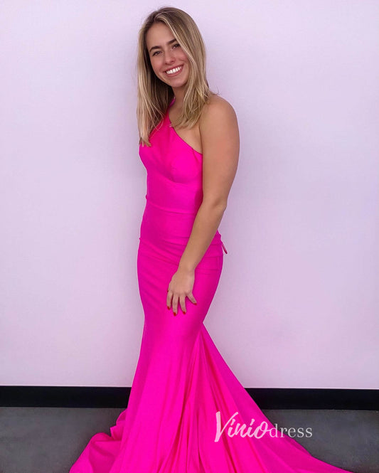 Fuchsia Satin Prom Dresses One Shoulder Mermaid Evening Dress FD3298-prom dresses 2025 -Viniodress-Fuchsia-Custom Size-