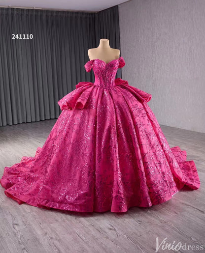 Fuchsia Sequin Lace Ball Gown Wedding Dresses Quinceanera Dress with Bow 241110-Quinceanera Dresses 2025 -Viniodress-Fuchsia-Custom Size-